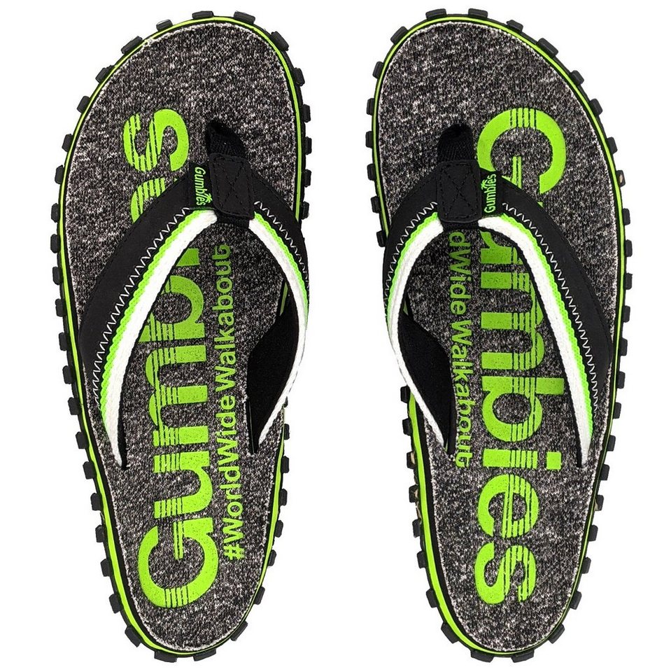 Gumbies Cairns in Lime T-Strap-Zehentrenner aus recycelten Materialien hergestellt, stabile Gummisole