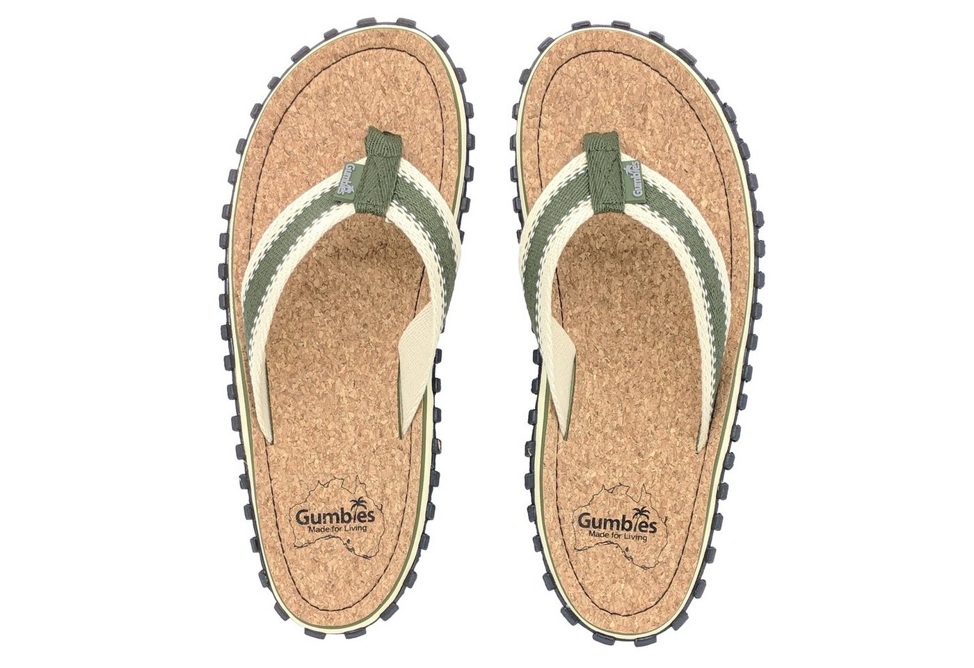 Gumbies Corker in Khaki T-Strap-Zehentrenner aus recycelten Materialien hergestellt, stabile Gummisole