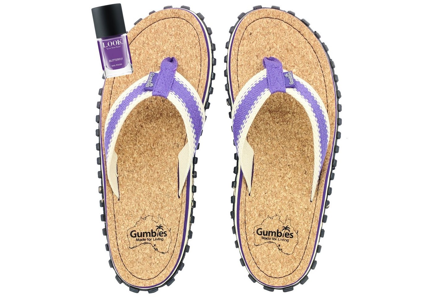 Gumbies Corker Purple mit passendem Nagellack T-Strap-Zehentrenner aus recycelten Materialien hergestellt, stabile Gummisole