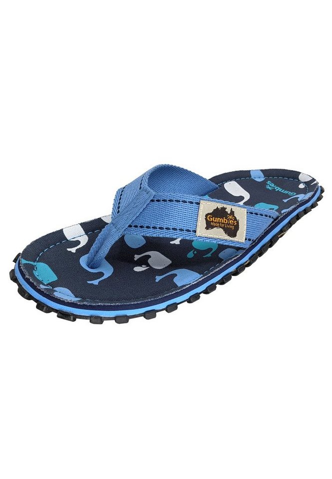 Gumbies Original in Whales T-Strap-Zehentrenner aus recycelten Materialien hergestellt, stabile Gummisole