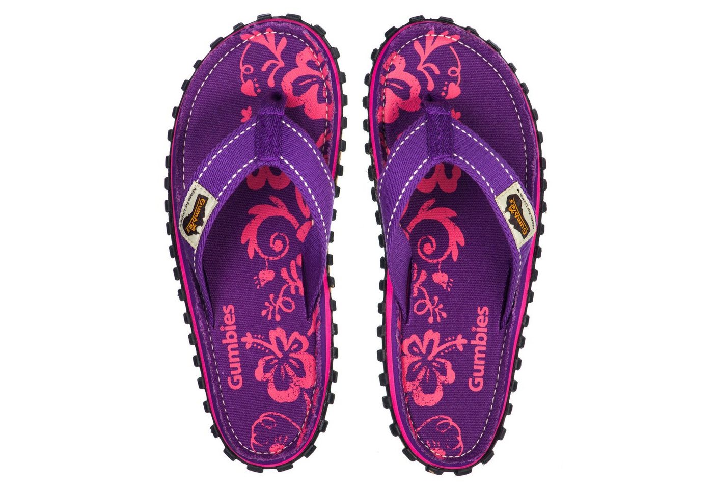 Gumbies Original Kids in Purple Hibiscus T-Strap-Zehentrenner aus recycelten Materialien hergestellt, stabile Gummisole