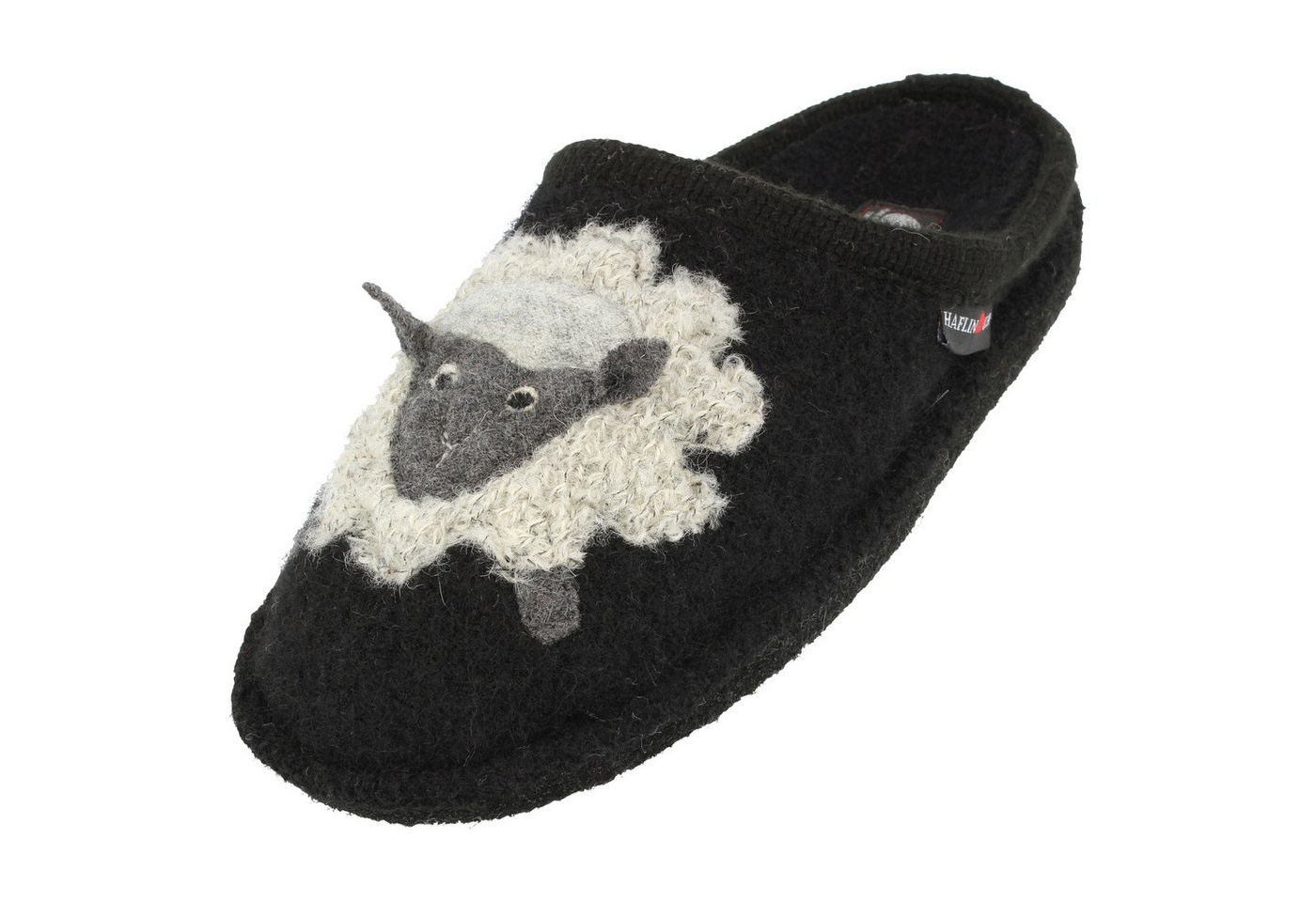 Haflinger Flair Lamby Pantoffeln aus gewalkter Wolle mit Lammmotiv Unisex Hausschuh (schwarz)