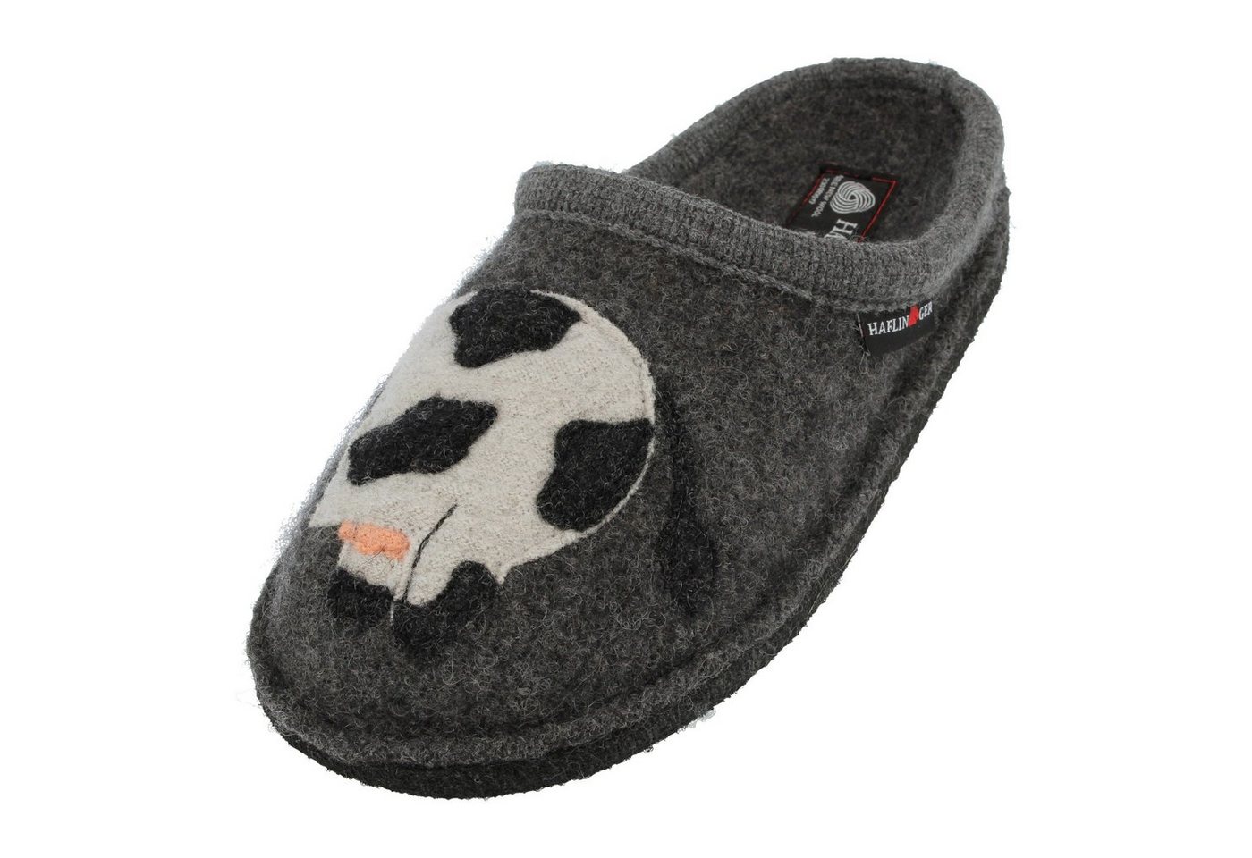 Haflinger Flair Molly Pantoffeln aus gewalkter Wolle Kuhmotiv Unisex Hausschuh (grau)