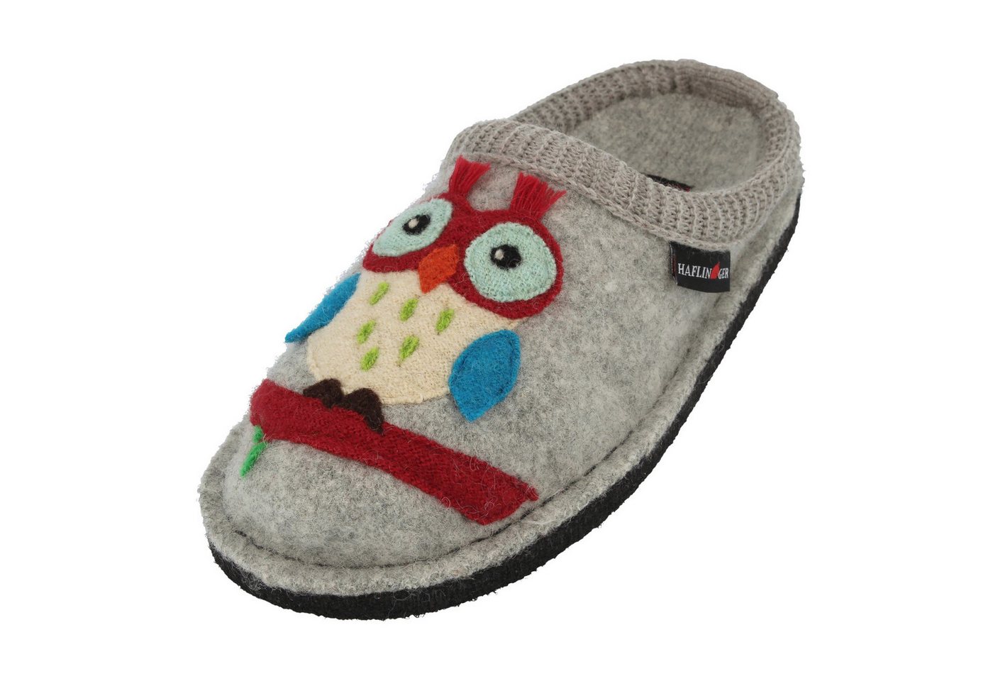 Haflinger Flair Olivia Pantoffeln aus gewalkter Wolle Eulenmotiv Unisex Hausschuh