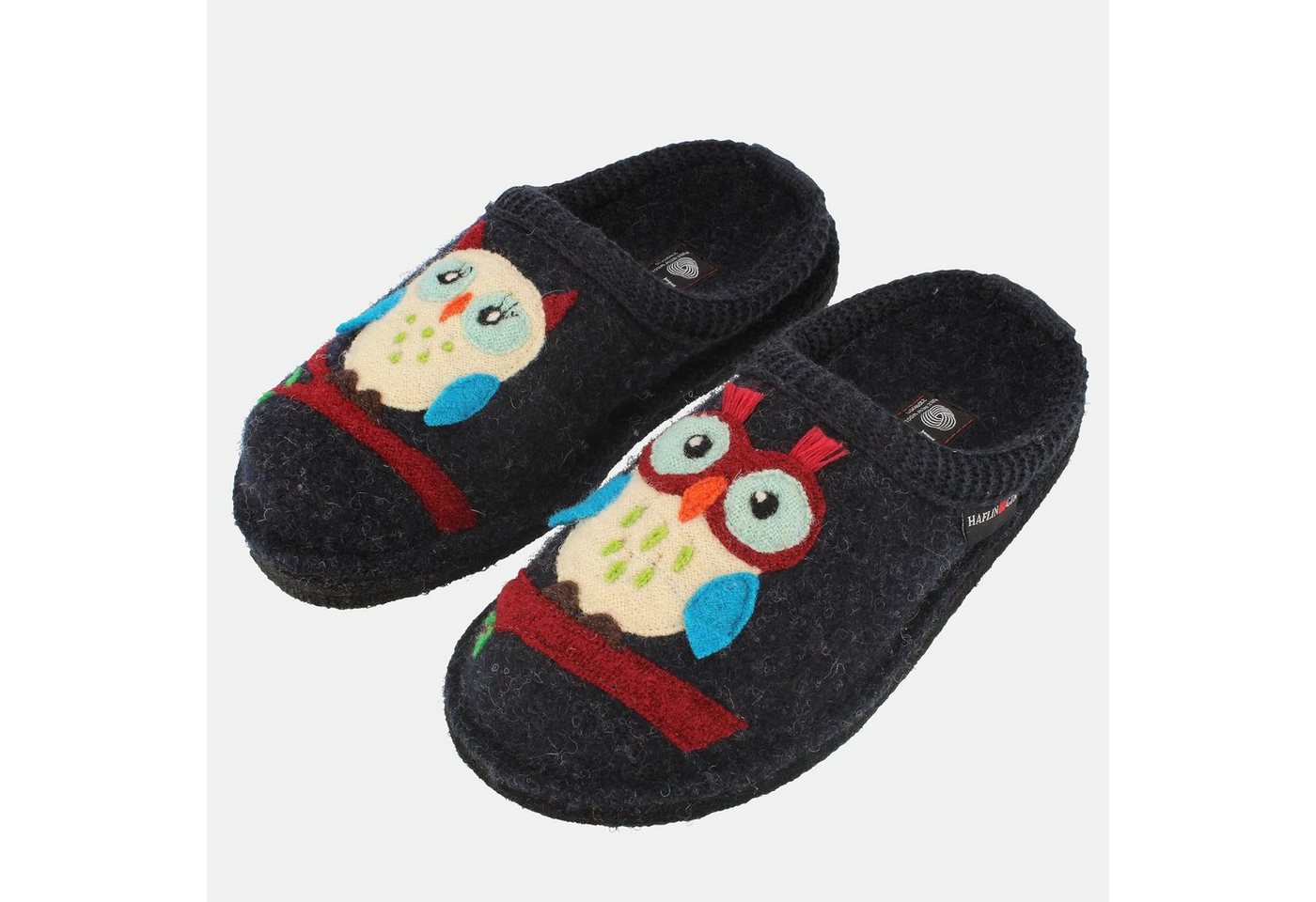 Haflinger Flair Olivia Pantoffeln aus gewalkter Wolle Eulenmotiv Unisex Hausschuh
