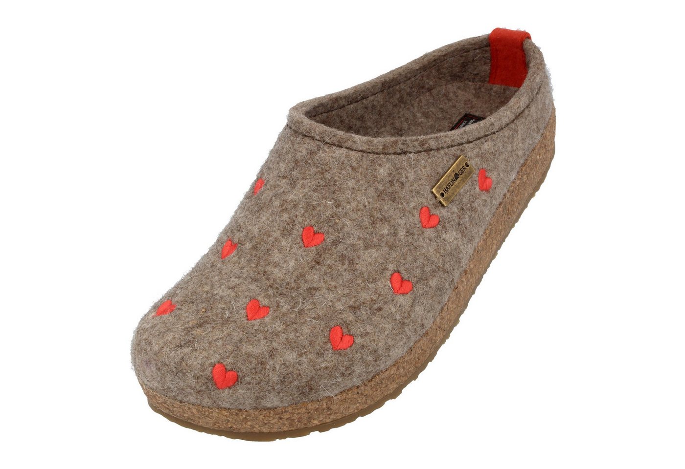Haflinger Grizzly Cuoricino Filzclog aus reinem Wollfilz Unisex Herzmotiv Hausschuh