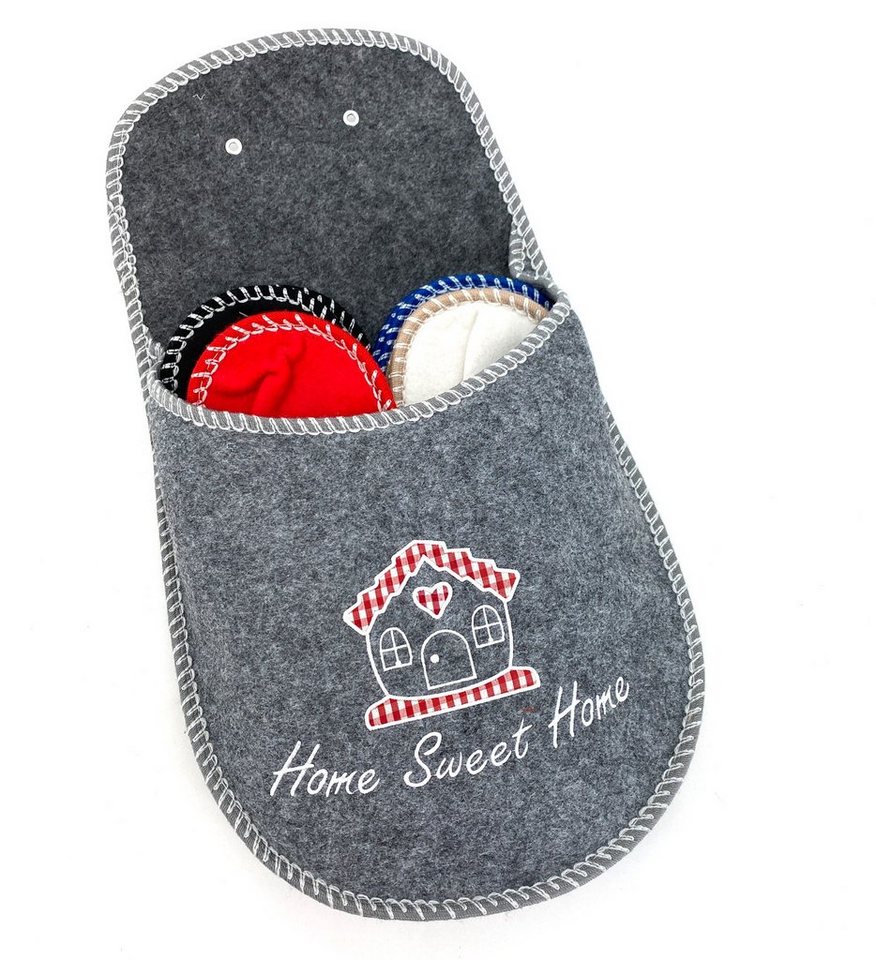 heimtexland Gästepantoffeln Filzpantoffeln Gäste Hausschuhe Hausschuh (Typ879, Home Sweet Home) mit Hängetasche zur Aufbewahrung - 4 Paar Einheitsgröße