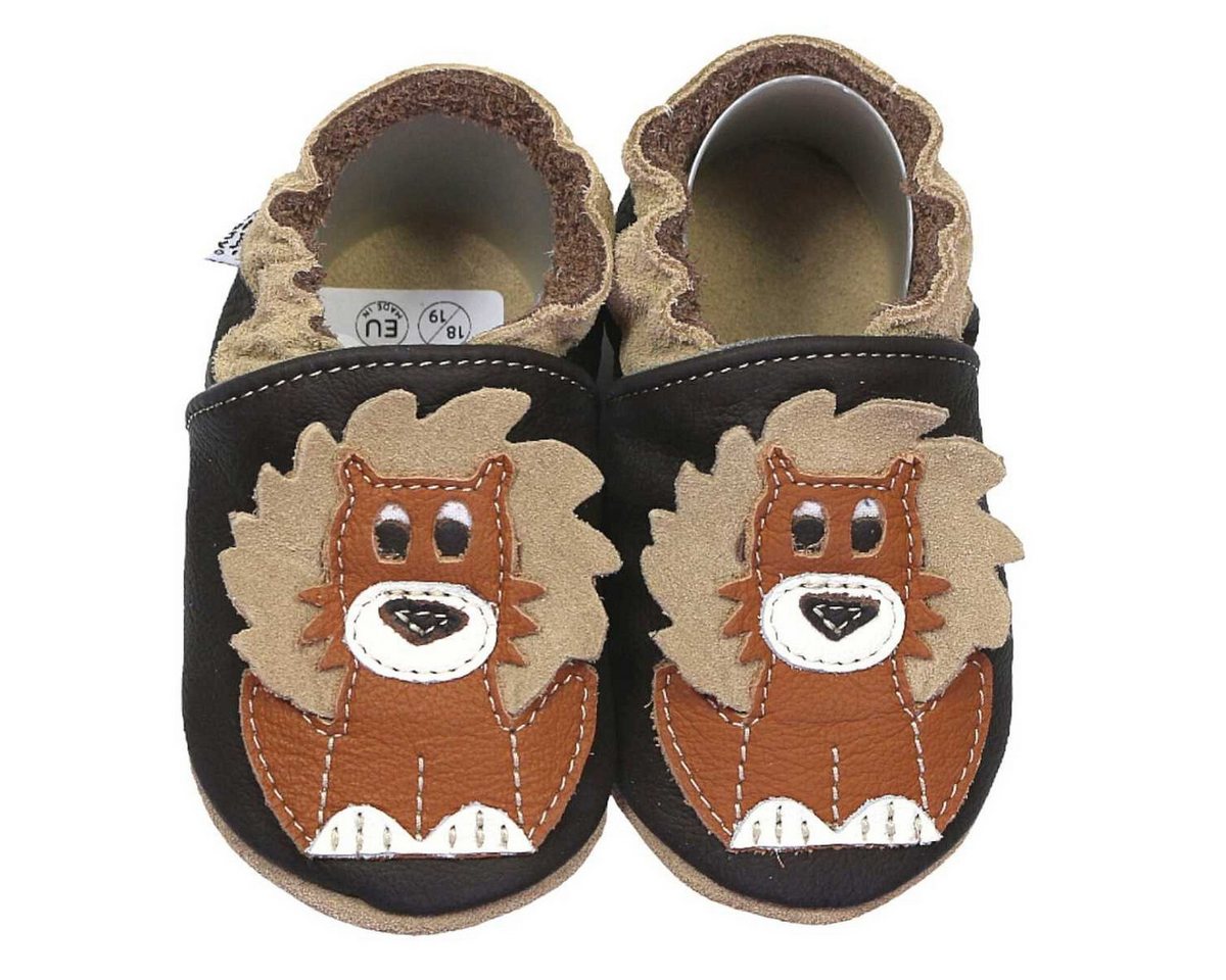 HOBEA-Germany Krabbelschuhe Löwe dunkelbraun 16/17 (0 - 6 Monate) Krabbelsohle Krabbelschuh handgefertigt in der EU, Rutschfest und flexibel