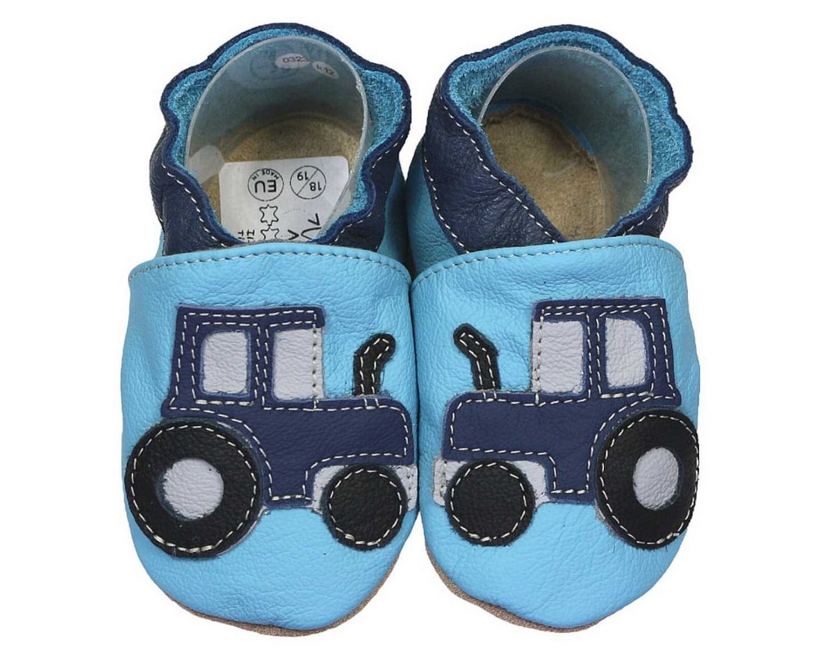 HOBEA-Germany Krabbelschuhe Traktor blau 18/19 (6 - 12 Monate) Krabbelsohle Krabbelschuh handgefertigt in der EU