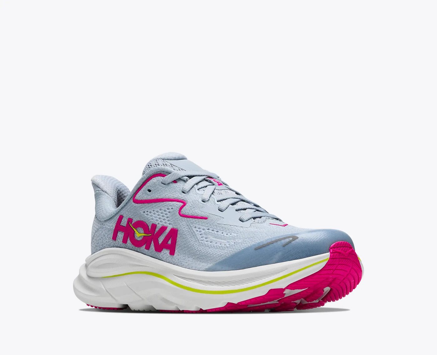 Hoka One One Clifton 10 Big Kids Laufschuh mit EVA-Dämpfungstechnologie, atmungsaktives Obermaterial (OVERCAST / NEON DRAGONFRUIT)