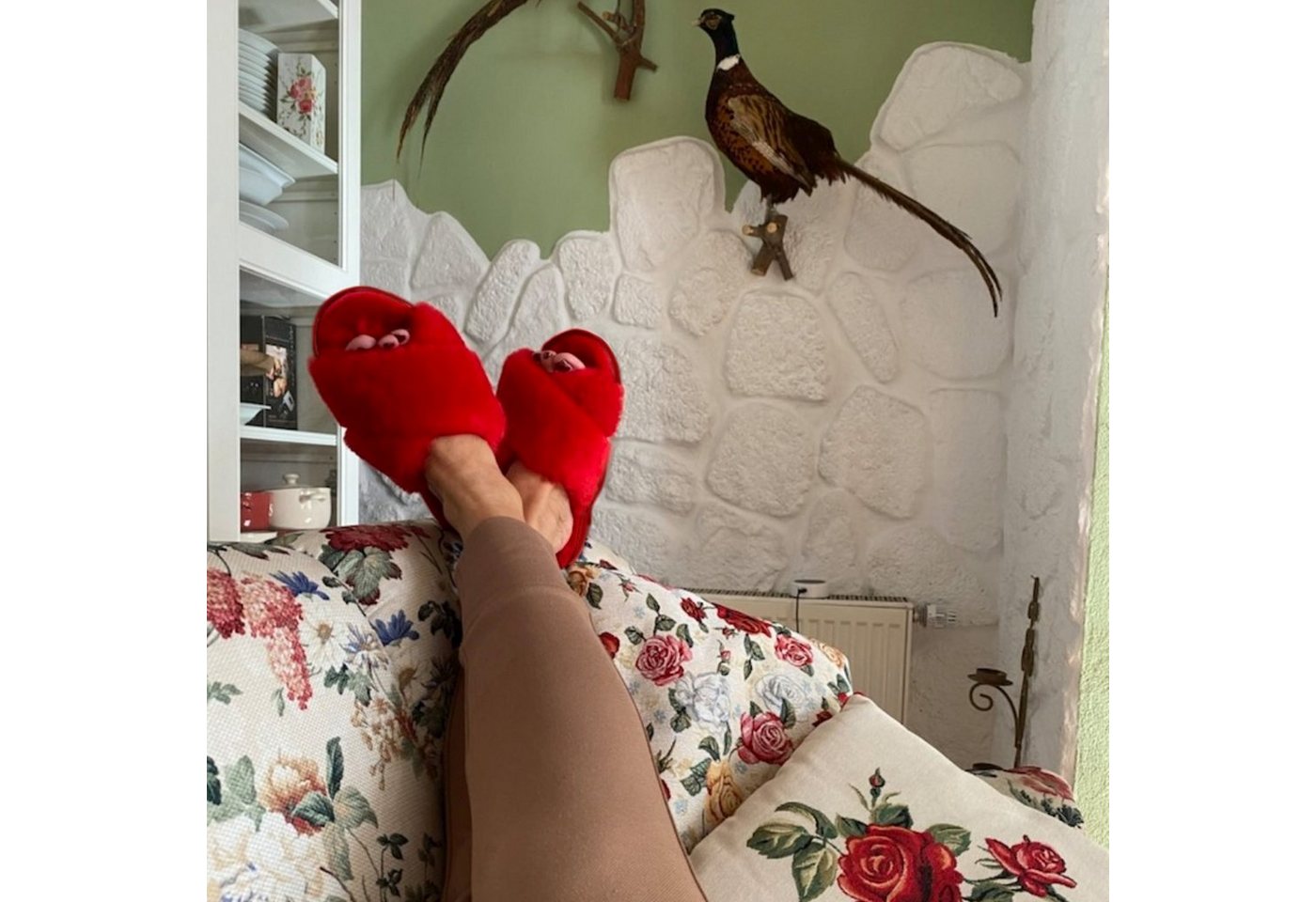 Hollert Hausschuh Damen Lammfell Hausschuhe FLORIDA ROT Merino Echtleder Sandaletten