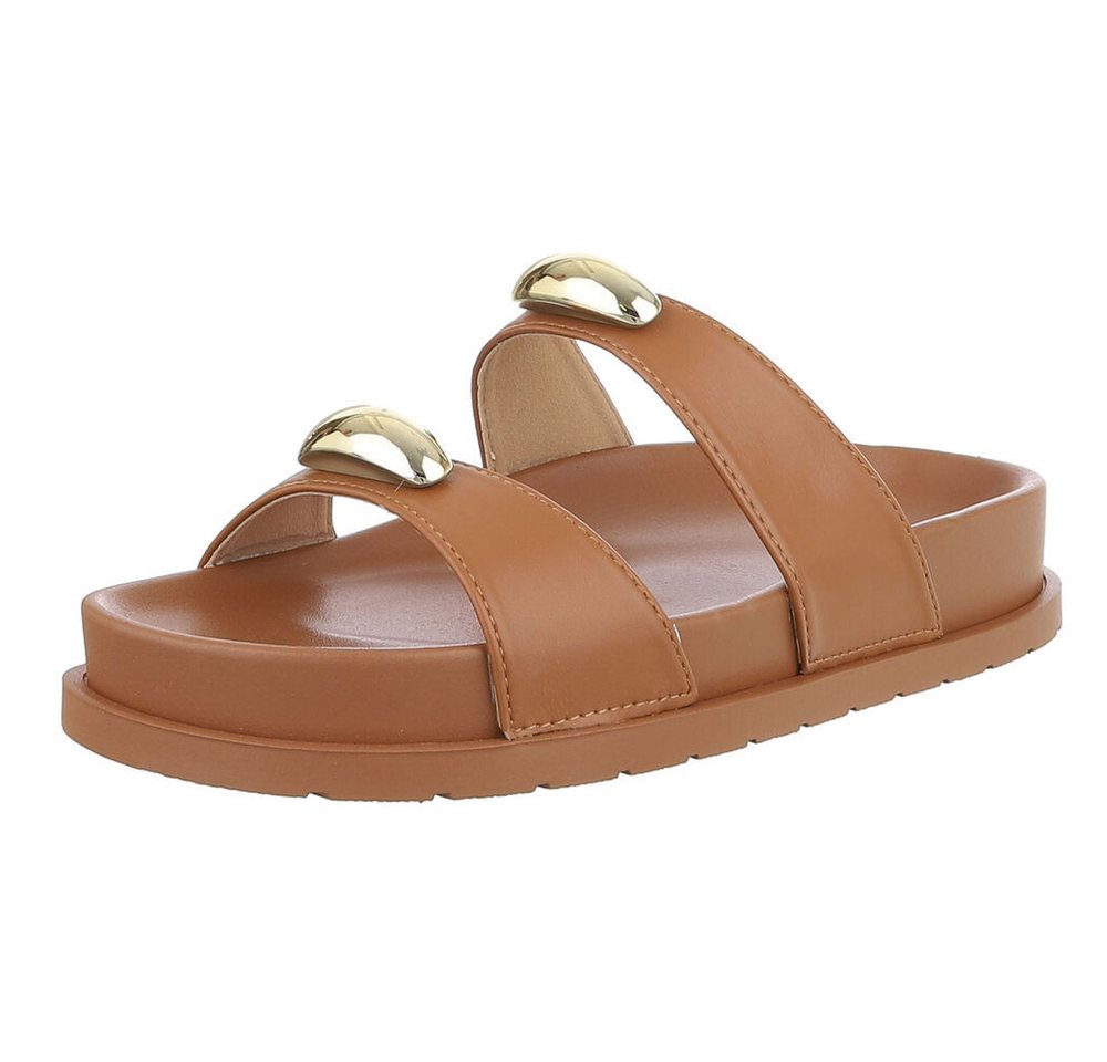 Ital-Design Bequeme Damen-Sandalen mit goldenen Details – Beige Pantolette (89368720) Flach Pantoletten in Camel