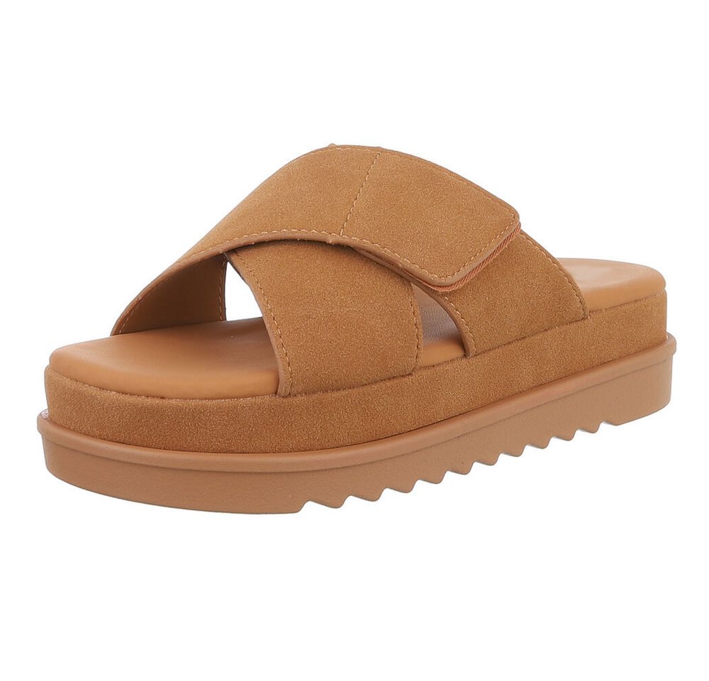 Ital-Design Bequeme Damen-Sandalen mit Klettverschluss in Beige Plateausandaletten (89368478) Flach Pantoletten in Camel