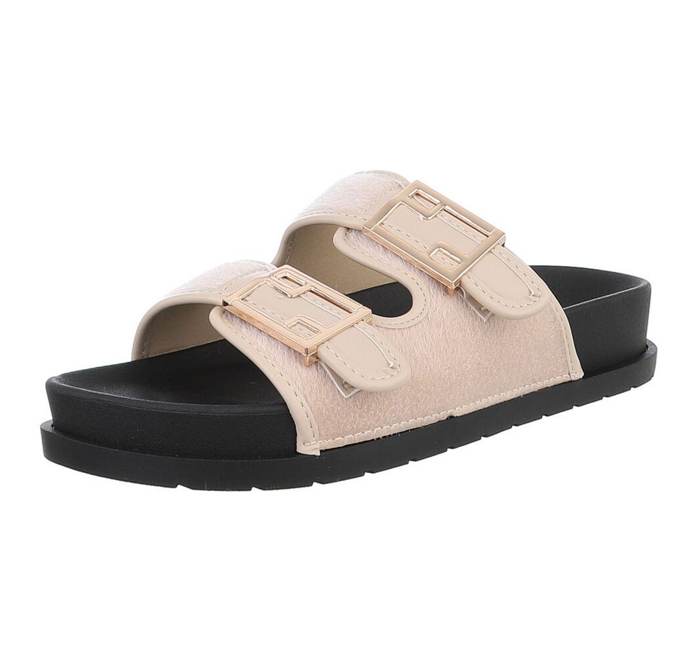 Ital-Design Bequeme Damen-Sandalen mit Schnallen fürs Freizeitstyling Pantolette (89372763) Flach Pantoletten in Beige