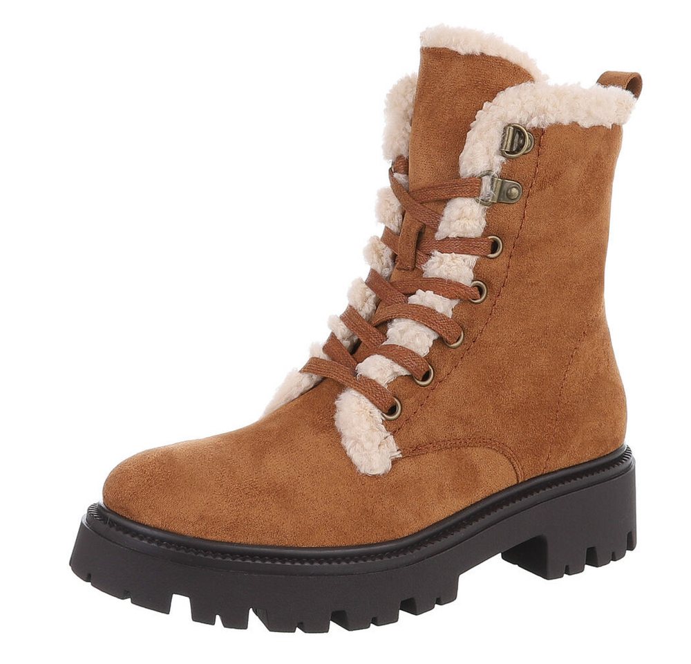 Ital-Design Bequeme Damen Stiefel mit Futter und robuster Sohle Schnürstiefelette (90649067) Blockabsatz Stiefeletten in Camel