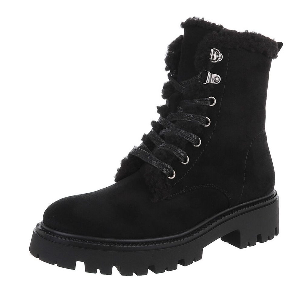 Ital-Design Bequeme Damen Stiefel mit Futter und robuster Sohle Schnürstiefelette (90649080) Blockabsatz Stiefeletten in Schwarz