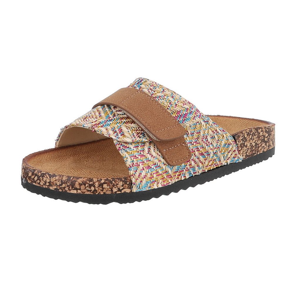 Ital-Design Bequeme Damenschuhe mit Klettverschluss für die Freizeit Pantolette (89852804) Flach Pantoletten in Beige