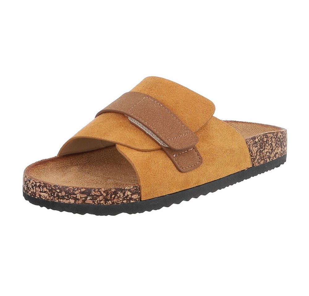 Ital-Design Bequeme Damenschuhe mit Klettverschluss für die Freizeit Pantolette (89852827) Flach Pantoletten in Camel