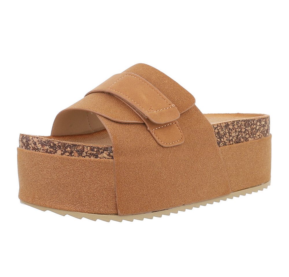 Ital-Design Bequeme Plattformsandalen für den Sommer Plateausandaletten (89319274) Flach Pantoletten in Camel