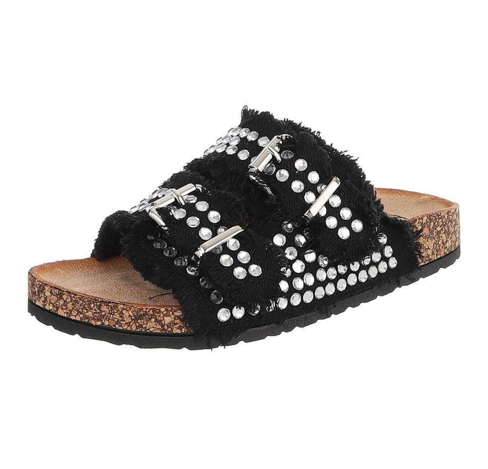 Ital-Design Bequeme Sandalen mit Schnallen und Glitzerdetails für Damen Pantolette (91409553) Flach Pantoletten in Schwarz