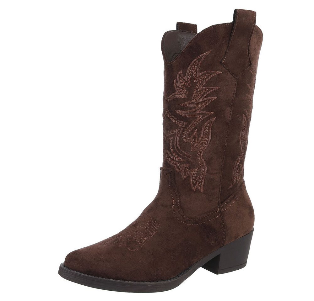 Ital-Design Bequemer Schlupfschuh für Damen mit stilvollem Design Westernstiefel (90927433) Blockabsatz Stiefel in Dunkelbraun
