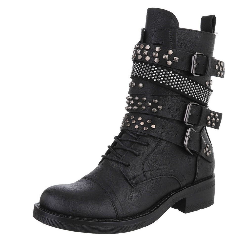 Ital-Design Bikerboots mit Nieten und Riemen für Damen, Alltagstauglich Stiefelette (90110122) Blockabsatz Schnürstiefeletten in Schwarz