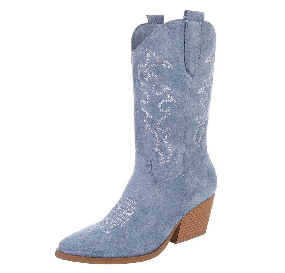 Ital-Design Cowboystiefel mit Blockabsatz und kunstvollen Details Westernstiefel (91409490) Blockabsatz Stiefel in Hellblau