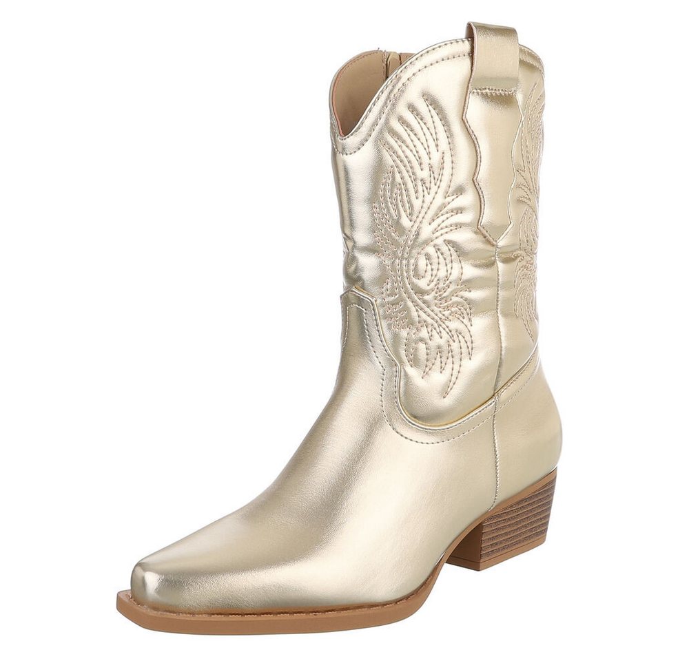 Ital-Design Cowboystiefel mit Stickdesign für Damen, Alltag und Freizeit Westernstiefelette (90482447) Blockabsatz Stiefeletten in Gold