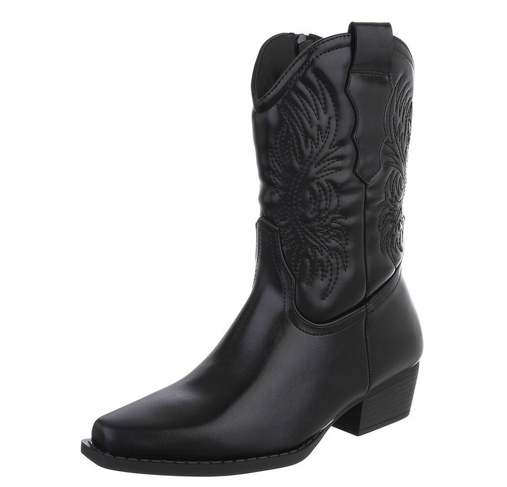 Ital-Design Cowboystiefel mit Stickdesign für Damen, Alltag und Freizeit Westernstiefelette (90482461) Blockabsatz Stiefeletten in Schwarz