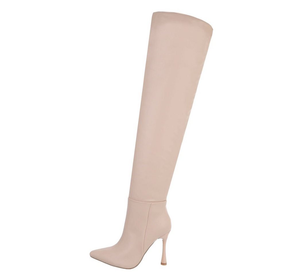 Ital-Design Damen Abendschuhe Party & Clubwear Overkneestiefel Pfennig-/Stilettoabsatz High-Heel Stiefel in Beige