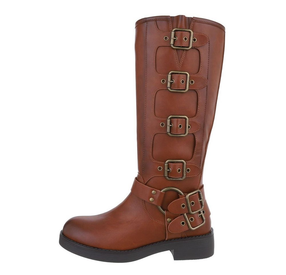 Ital-Design Damen Bikerschuhe Biker Westernstiefel (85275992) Blockabsatz Flache Stiefel in Camel