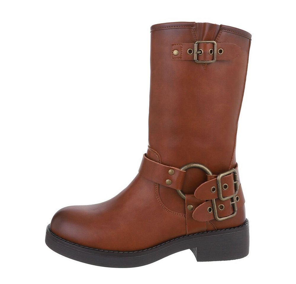 Ital-Design Damen Bikerschuhe Biker Westernstiefel (85276004) Blockabsatz Flache Stiefel in Camel