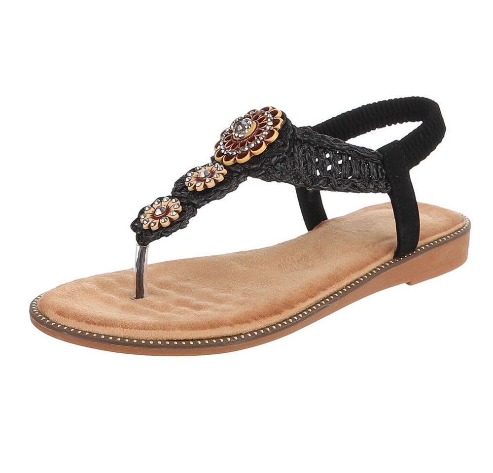 Ital-Design Damen Boho Zehentrenner Sandale mit Schmuckdetails Zehentrenner (91971237) Blockabsatz Riemchensandalen in Schwarz