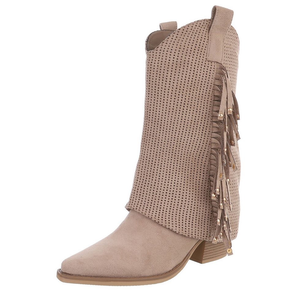 Ital-Design Damen Boots mit Fransen und perforiertem Design Westernstiefel (91154613) Blockabsatz Stiefel in Hellbraun