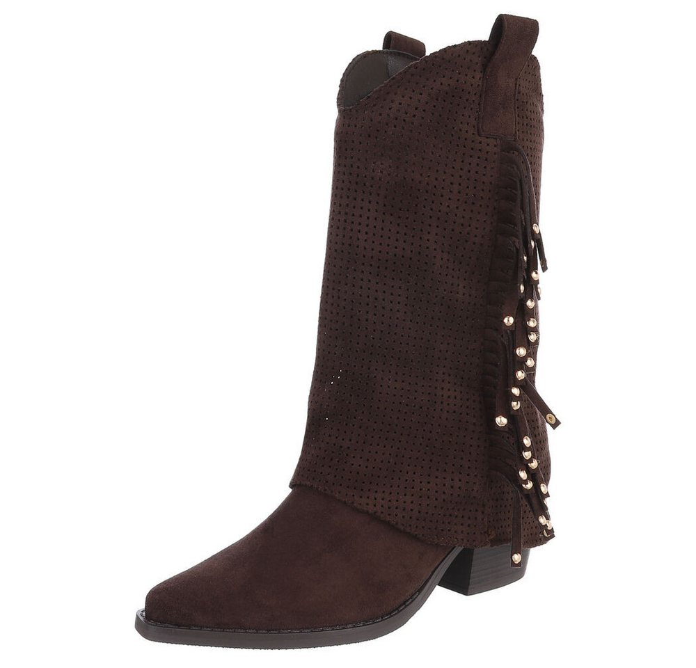 Ital-Design Damen Boots mit Fransen und perforiertem Design Westernstiefel (91154618) Blockabsatz Stiefel in Dunkelbraun