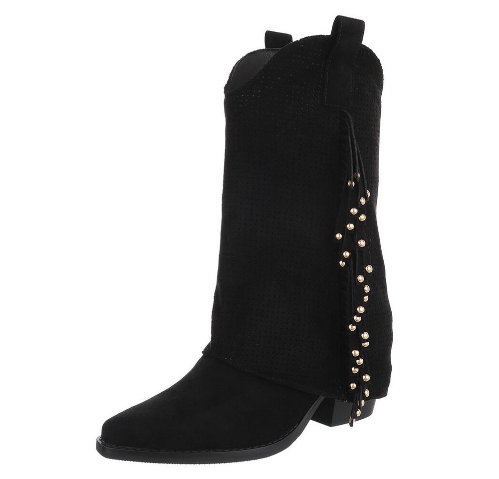 Ital-Design Damen Boots mit Fransen und perforiertem Design Westernstiefel (91154629) Blockabsatz Stiefel in Schwarz