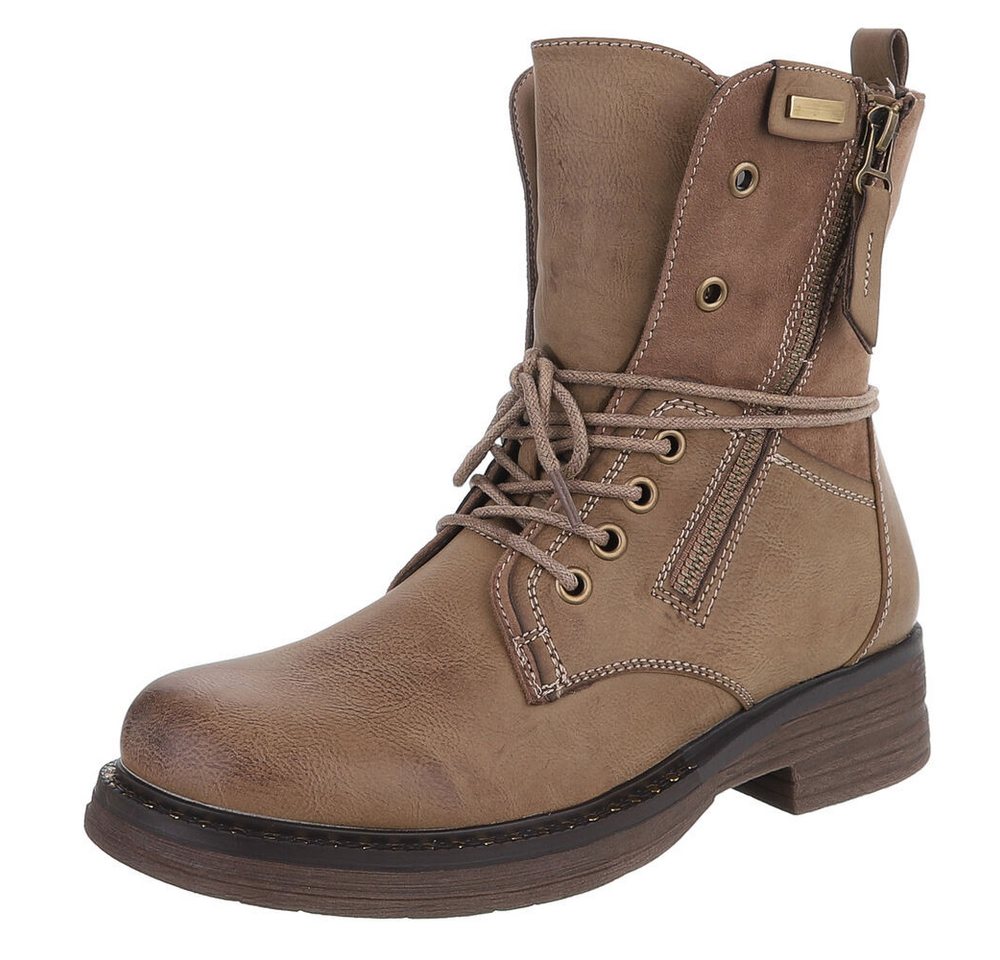 Ital-Design Damen Boots mit Schnürung und Reißverschluss für Alltag Stiefelette (90542927) Blockabsatz Schnürstiefeletten in Hellbraun