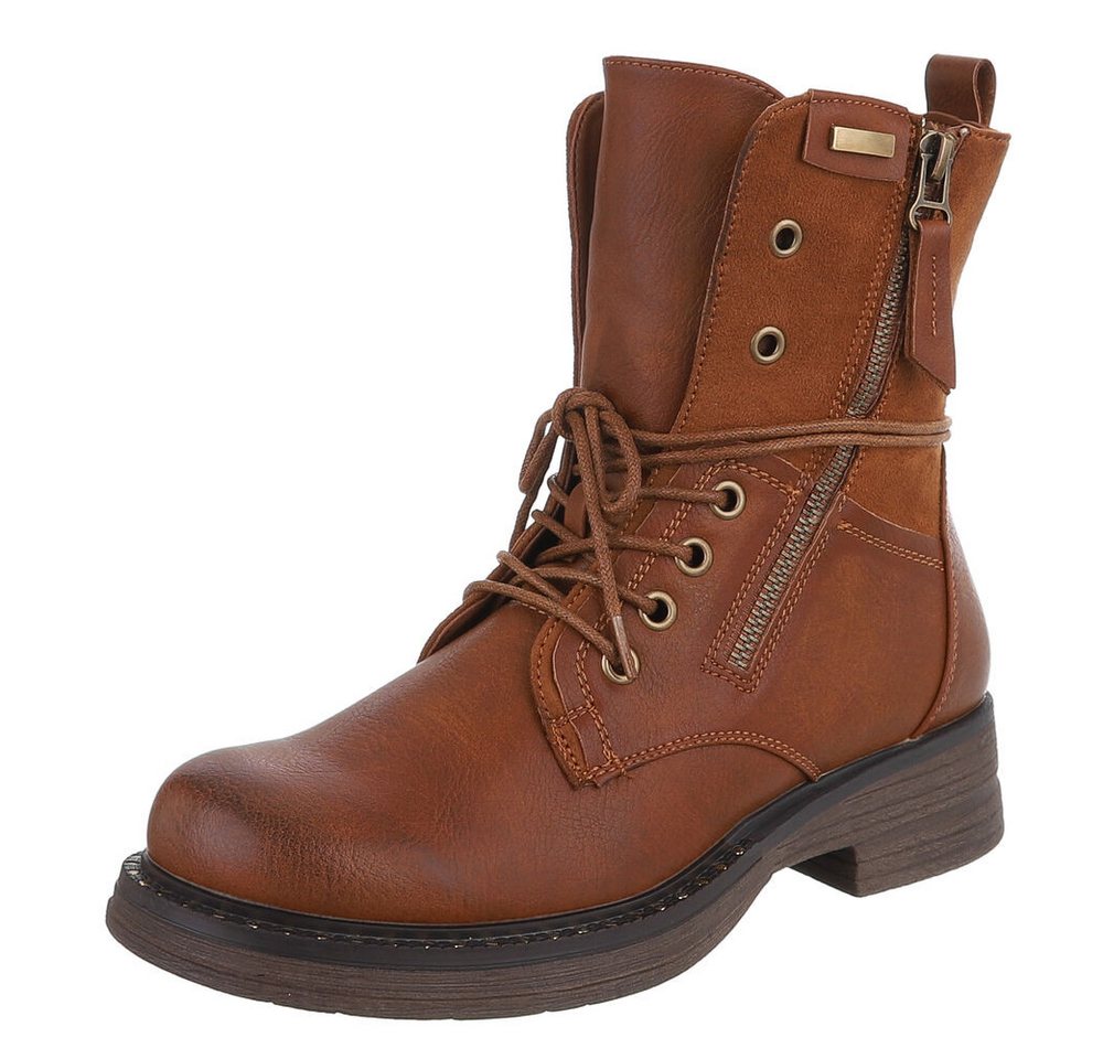 Ital-Design Damen Boots mit Schnürung und Reißverschluss für Alltag Stiefelette (90542931) Blockabsatz Schnürstiefeletten in Camel