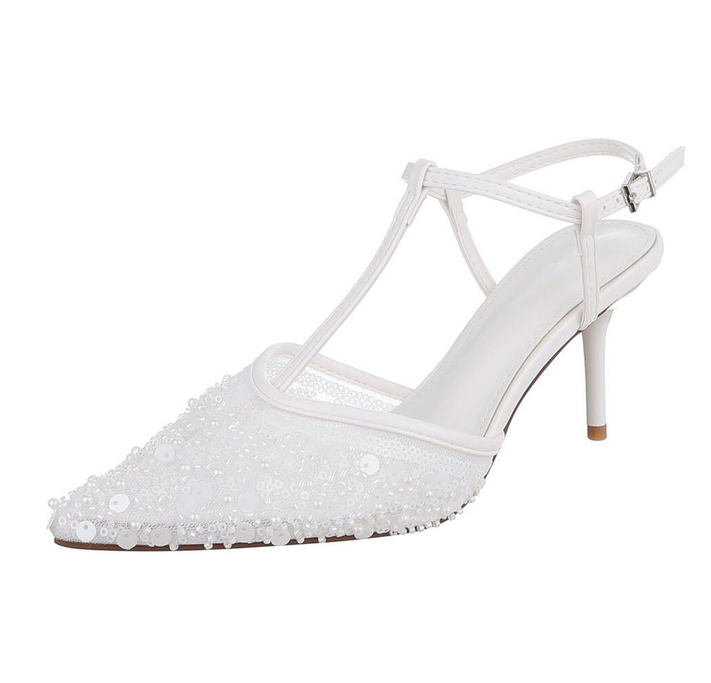 Ital-Design Damen Brautschuhe Pumps mit T-Riemen und Spitzenform Festlich Schnürpumps (91895690) Pfennig-/Stilettoabsatz Pumps in Weiß