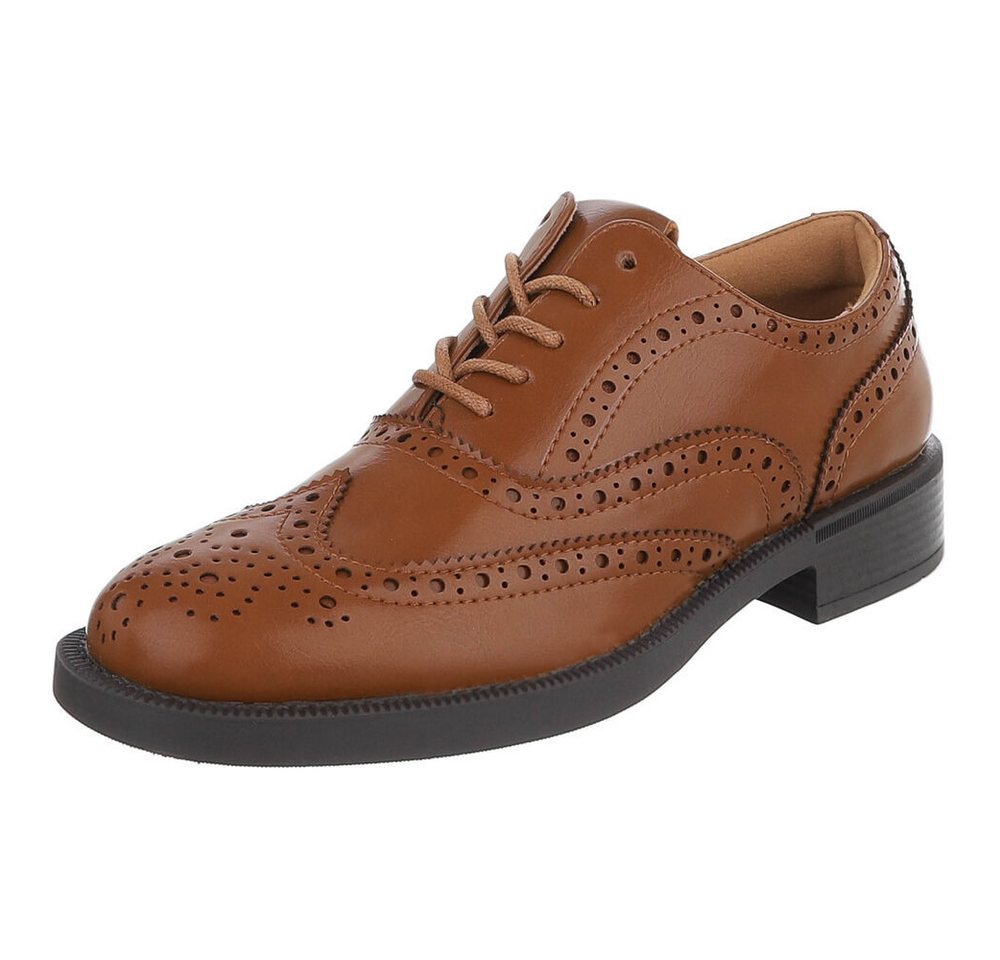 Ital-Design Damen Budapester Schnürschuh mit Lochmuster Schnürschuh (91742607) Blockabsatz Schnürer in Camel