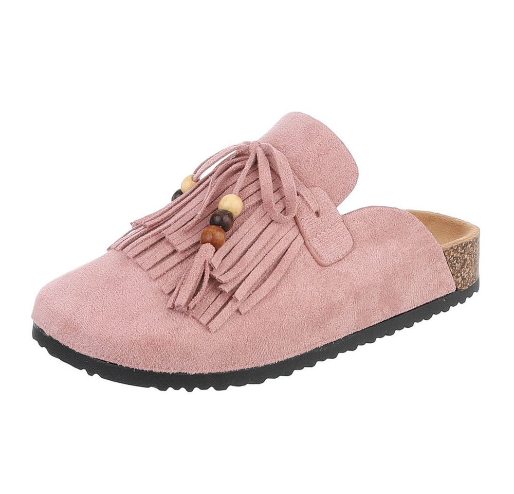 Ital-Design Damen Clog mit Fransen und Perlen, Schlupfschuh Pantolette (91742345) Flach Pantoletten in Altrosa