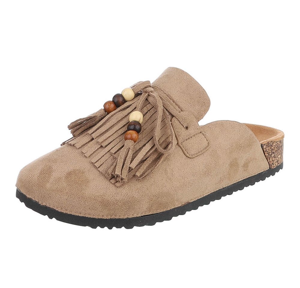 Ital-Design Damen Clog mit Fransen und Perlen, Schlupfschuh Pantolette (91742352) Flach Pantoletten in Hellbraun