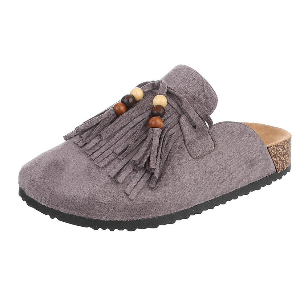 Ital-Design Damen Clog mit Fransen und Perlen, Schlupfschuh Pantolette (91742356) Flach Pantoletten in Grau