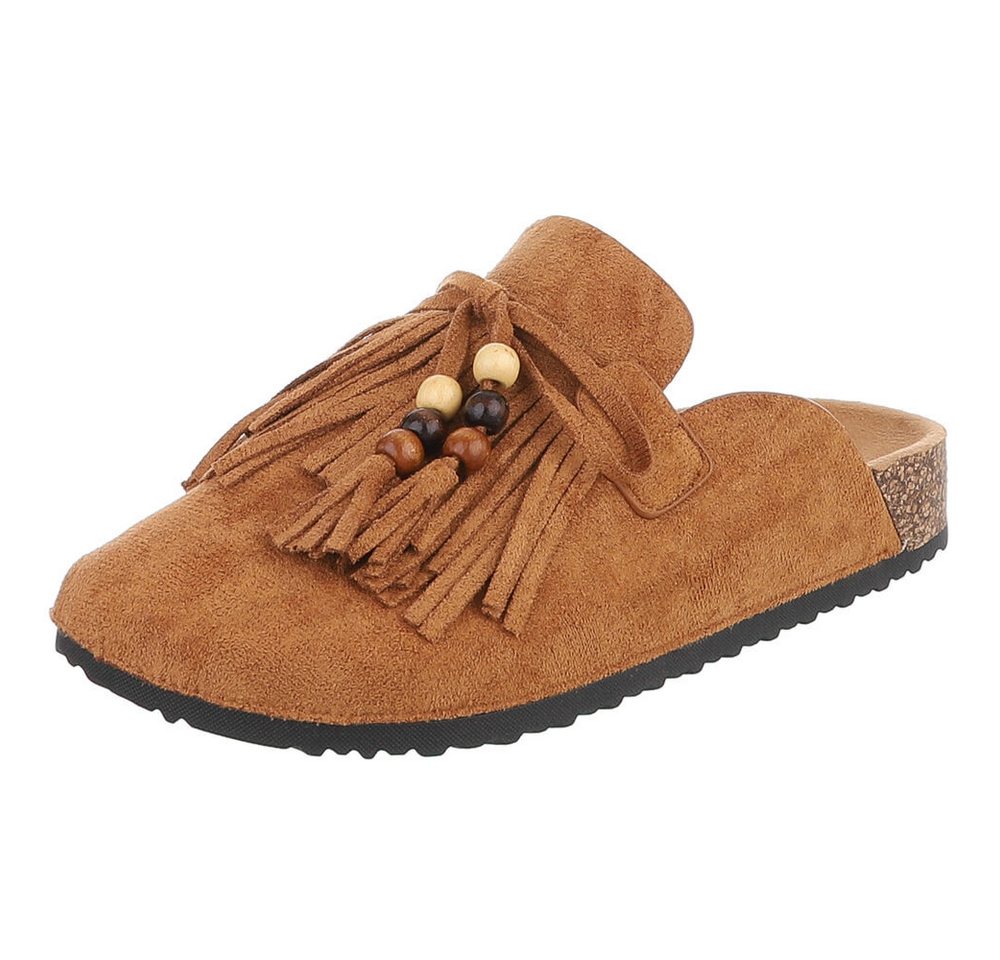 Ital-Design Damen Clog mit Fransen und Perlen, Schlupfschuh Pantolette (91742363) Flach Pantoletten in Camel