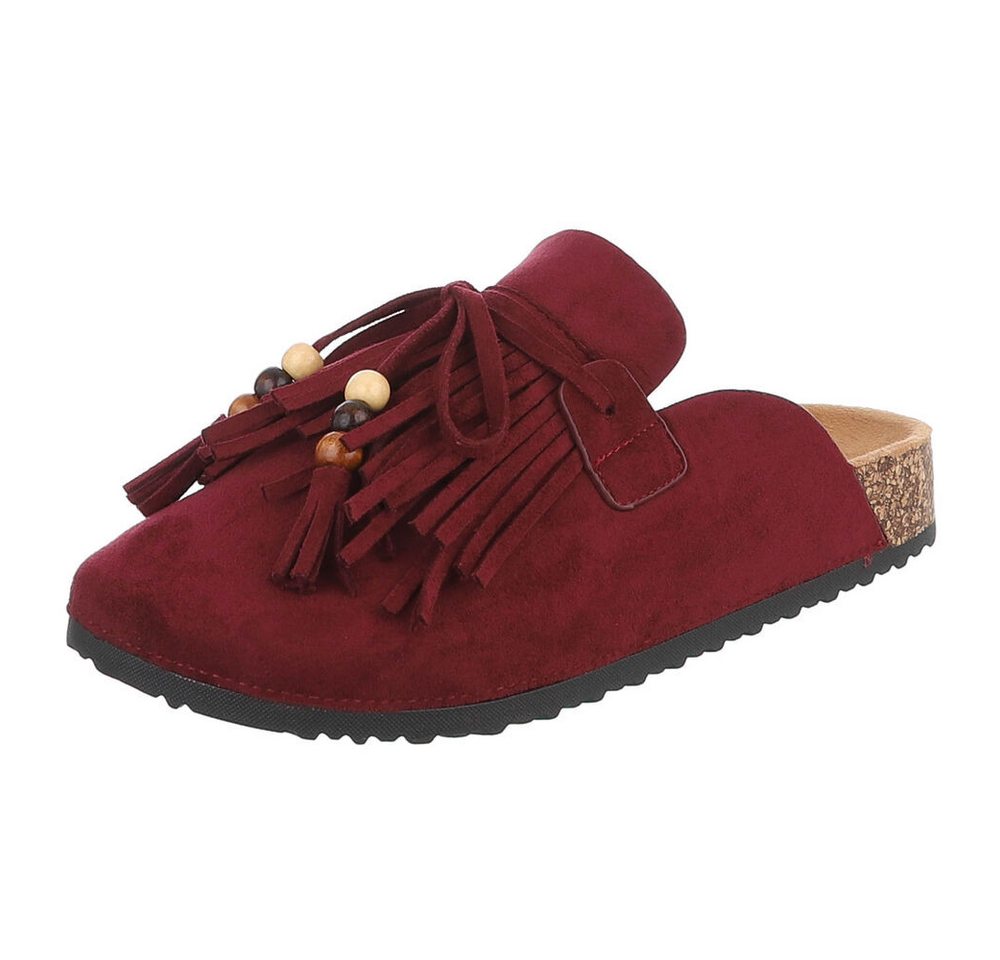 Ital-Design Damen Clog mit Fransen und Perlen, Schlupfschuh Pantolette (91742369) Flach Pantoletten in Weinrot