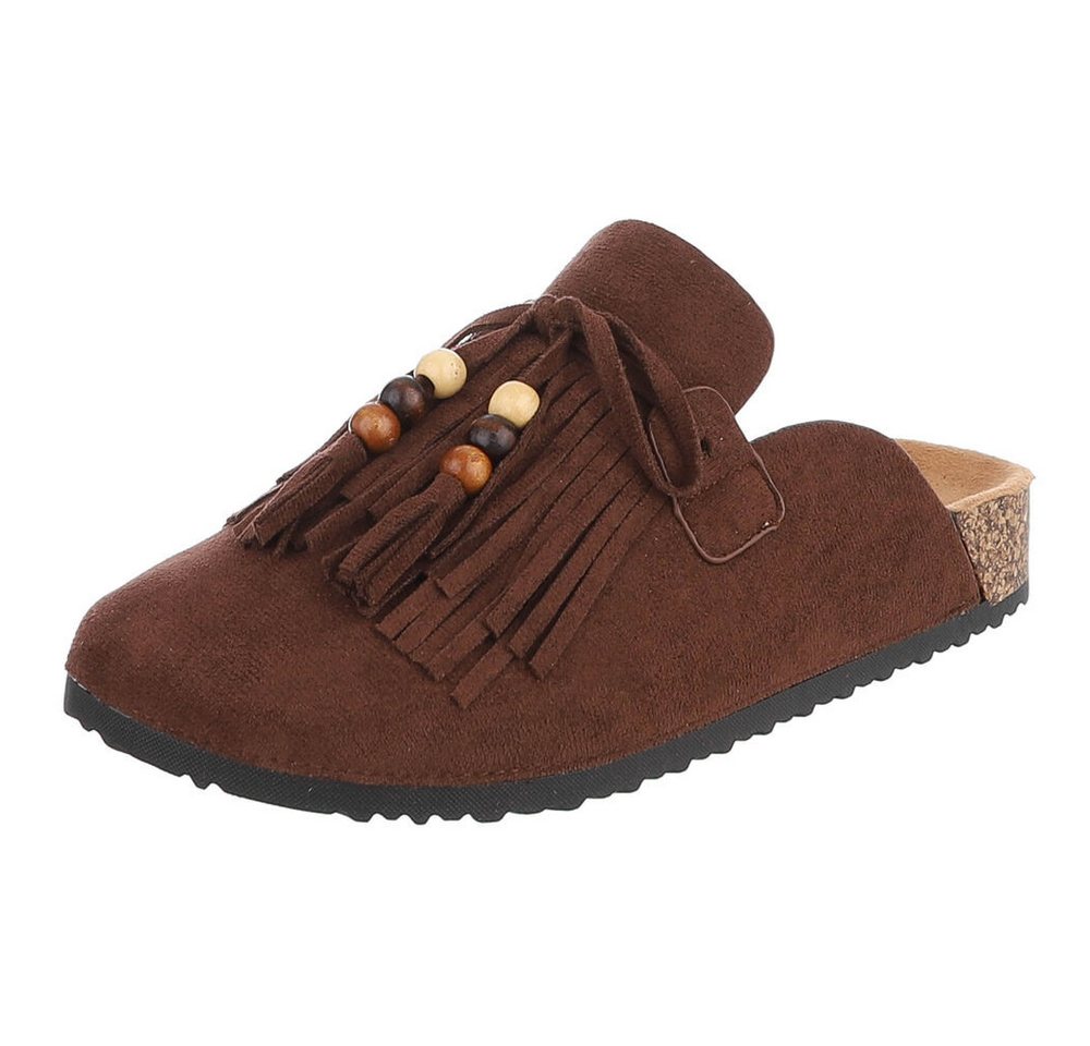 Ital-Design Damen Clog mit Fransen und Perlen, Schlupfschuh Pantolette (91742376) Flach Pantoletten in Braun