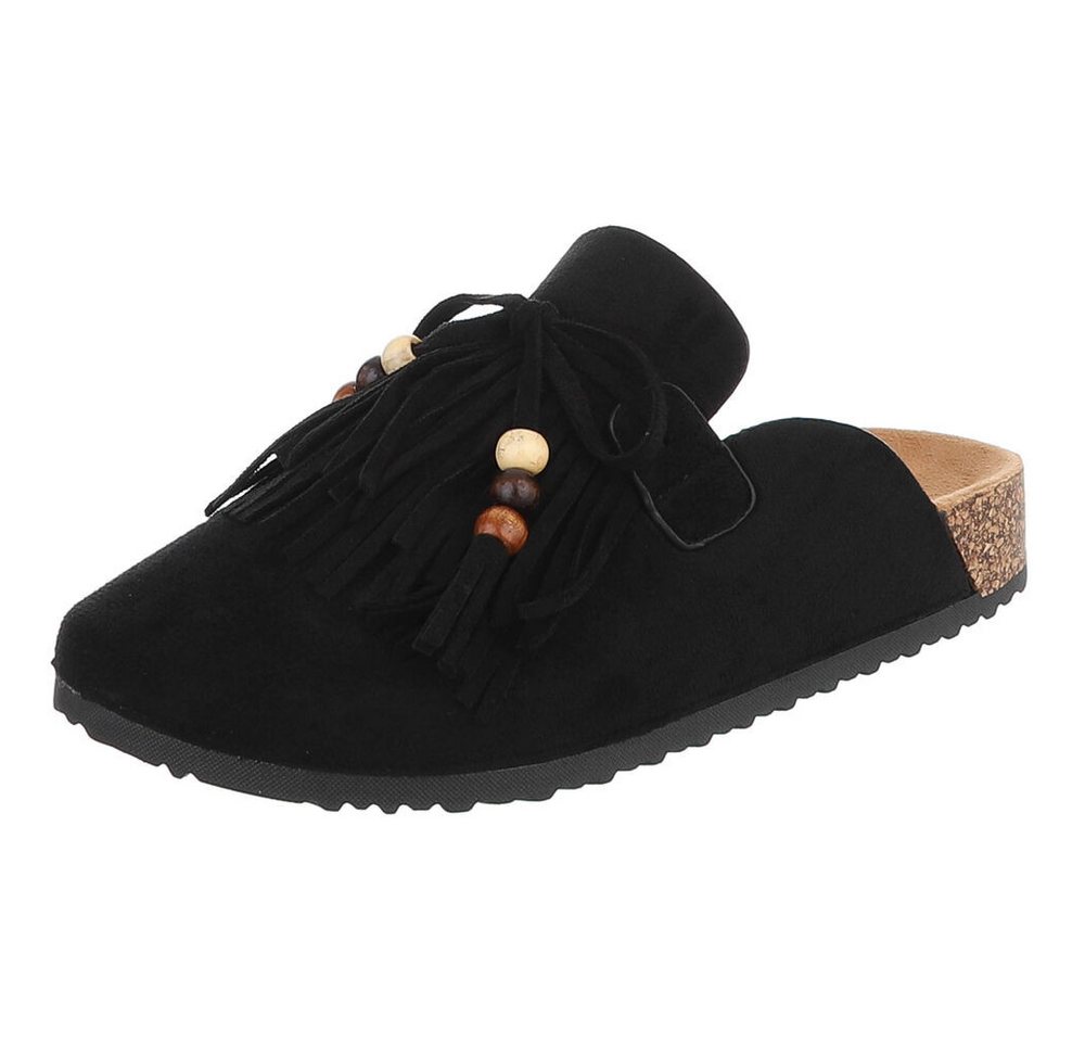 Ital-Design Damen Clog mit Fransen und Perlen, Schlupfschuh Pantolette (91742383) Flach Pantoletten in Schwarz