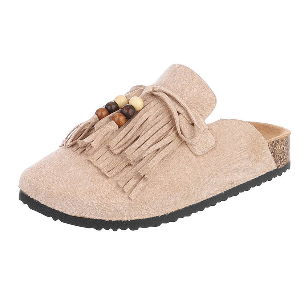 Ital-Design Damen Clog mit Fransen und Perlen, Schlupfschuh Pantolette (91742388) Flach Pantoletten in Beige