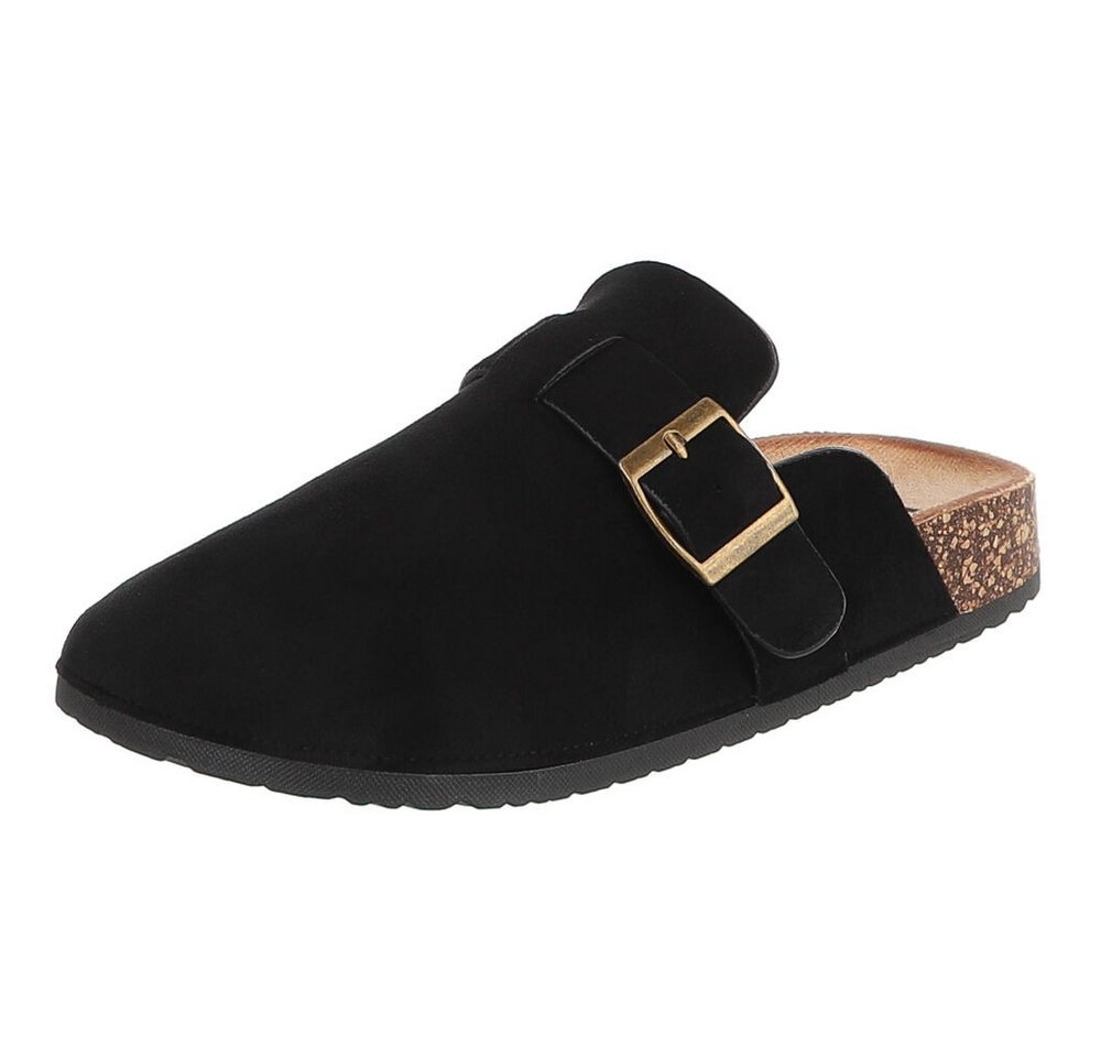 Ital-Design Damen Clog mit Schnalle in Veloursleder-Optik Pantolette (91895627) Flach Pantoletten in Schwarz
