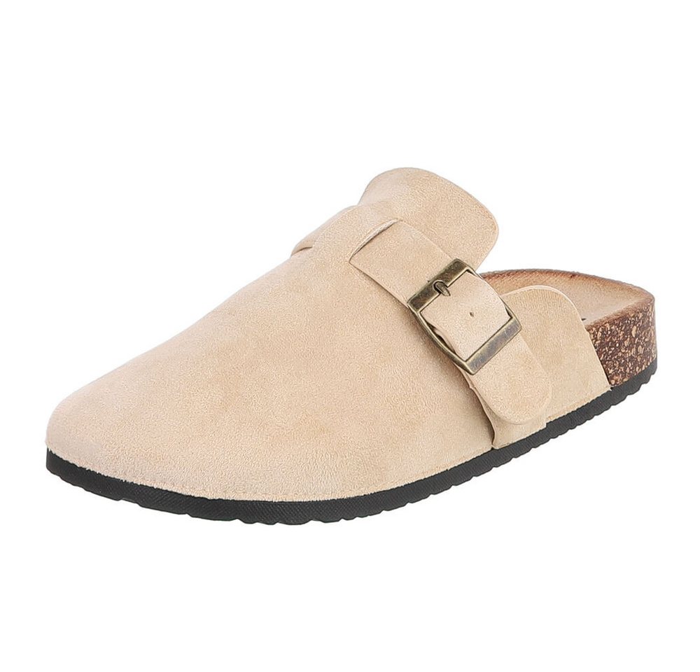 Ital-Design Damen Clog mit Schnalle in Veloursleder-Optik Pantolette (91895630) Flach Pantoletten in Beige